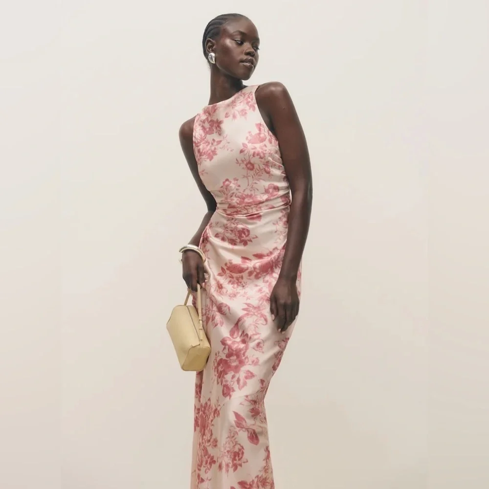 NEW Reformation Anaiis Long Silk Dress Cameo Rose Pink Cream Floral | size 0 - Picture 4 of 13